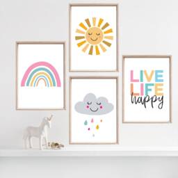 Set Of 4 Girls Nursery Prints, Rainbow Wall Art, Live Life Happy, Pink Bedroom Decor, Playroom Prints - thumbnail 2