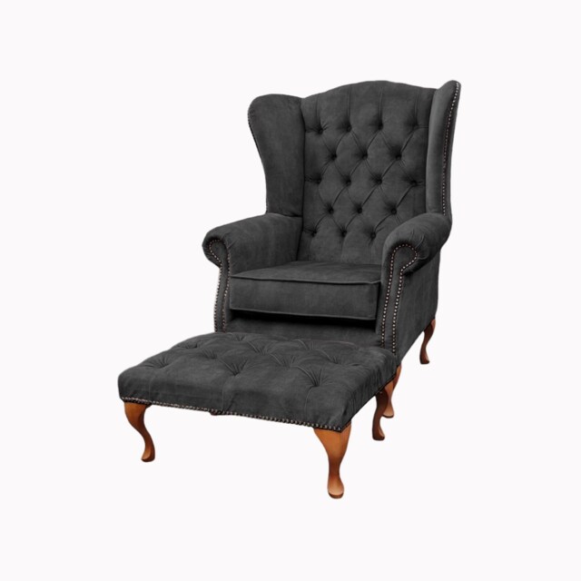 Chesterfield High Back Wing Chair & Stool - Presented in Luxury Charcoal Velvet The Kensington - image 1