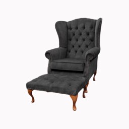 Chesterfield High Back Wing Chair & Stool - Presented in Luxury Charcoal Velvet The Kensington - thumbnail 1