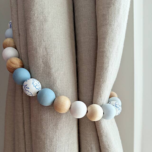 Beaded Curtain Tie-Backs Light Blue Wood Beads, Chinoiserie Art - Set Of 2 - image 1