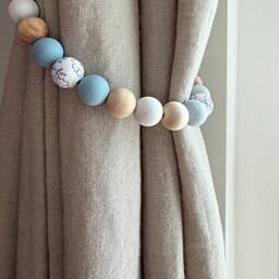 Beaded Curtain Tie-Backs Light Blue Wood Beads, Chinoiserie Art - Set Of 2 - thumbnail 2