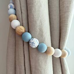 Beaded Curtain Tie-Backs Light Blue Wood Beads, Chinoiserie Art - Set Of 2 - thumbnail 3