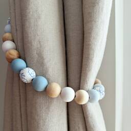 Beaded Curtain Tie-Backs Light Blue Wood Beads, Chinoiserie Art - Set Of 2 - thumbnail 1