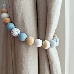 Beaded Curtain Tie-Backs Light Blue Wood Beads, Chinoiserie Art - Set Of 2 - thumbnail 4