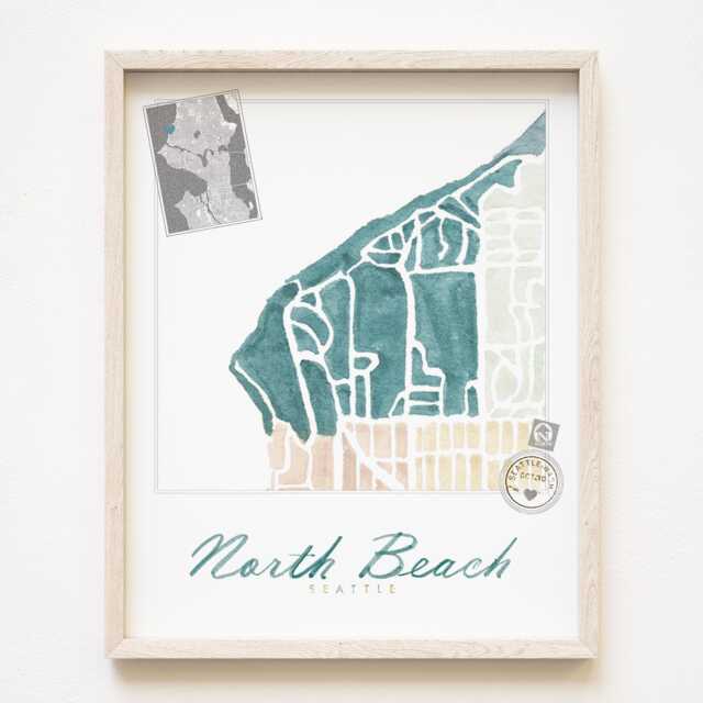 North Beach Seattle Neighborhood Map Watercolor Print Washington City Block Plan - Art Print Downtown Wall Realtor Gift Local - image 1
