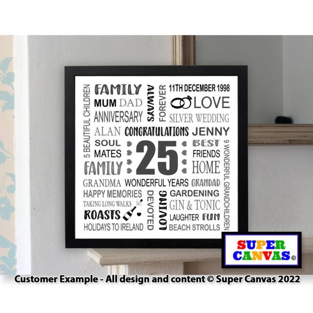 25Th Silver Wedding Anniversary Personalised Wife Husband Friend Parents Grandparents Word Art Typography Handmade Custom Framed Print Gift - image 1