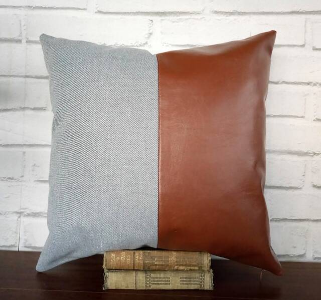 Cognac Brown Faux Leather & Gray Cotton Pillow Cover Modern Lumbar - image 1