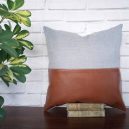 Cognac Brown Faux Leather & Gray Cotton Pillow Cover Modern Lumbar - thumbnail 3