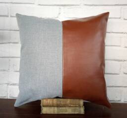 Cognac Brown Faux Leather & Gray Cotton Pillow Cover Modern Lumbar - thumbnail 1