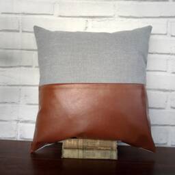 Cognac Brown Faux Leather & Gray Cotton Pillow Cover Modern Lumbar - thumbnail 2