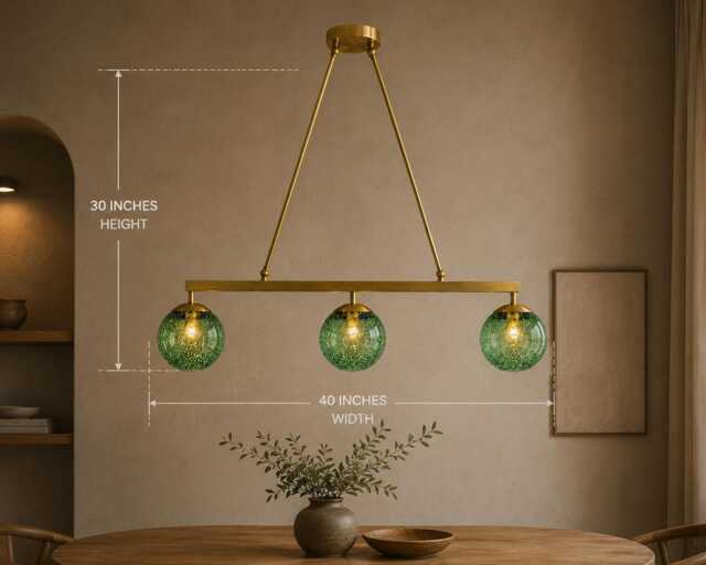 Brushed Brass Linear Chandelier With Green Seeded Glass Globes - 40 - image 1