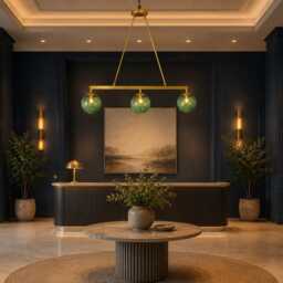 Brushed Brass Linear Chandelier With Green Seeded Glass Globes - 40 - thumbnail 3