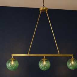 Brushed Brass Linear Chandelier With Green Seeded Glass Globes - 40 - thumbnail 2