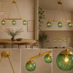 Brushed Brass Linear Chandelier With Green Seeded Glass Globes - 40 - thumbnail 4