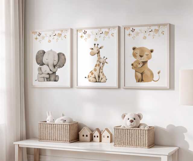 Safari Animal Nursery Prints Elephant, Giraffe, Lion Art - Set Of 3 - image 1