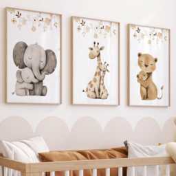 Safari Animal Nursery Prints Elephant, Giraffe, Lion Art - Set Of 3 - thumbnail 2