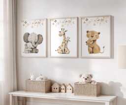 Safari Animal Nursery Prints Elephant, Giraffe, Lion Art - Set Of 3 - thumbnail 1