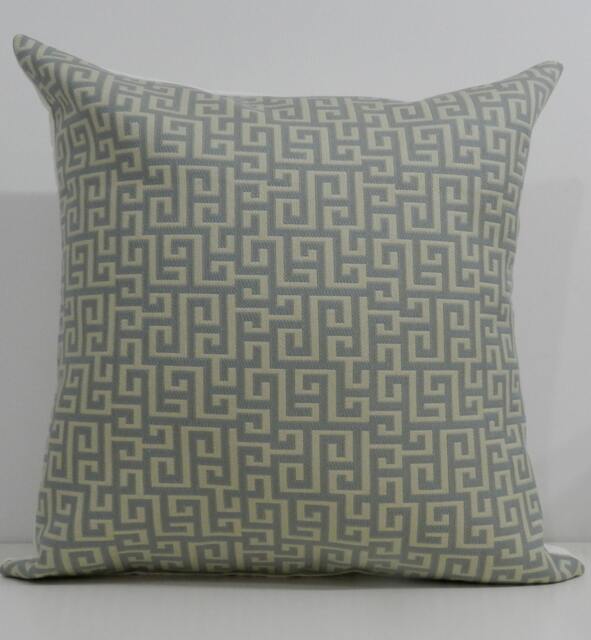 New 18x18 Inch Designer Handmade Pillow Cases in Blue & Cream Greek Key
