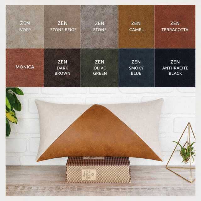 Triangle Panel Lumbar Pillow Cover, Camel Faux Leather Accent, Beige Linen Cushion, Modern Sofa Decor - image 1
