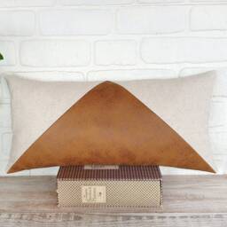Triangle Panel Lumbar Pillow Cover, Camel Faux Leather Accent, Beige Linen Cushion, Modern Sofa Decor - thumbnail 2