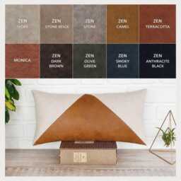 Triangle Panel Lumbar Pillow Cover, Camel Faux Leather Accent, Beige Linen Cushion, Modern Sofa Decor