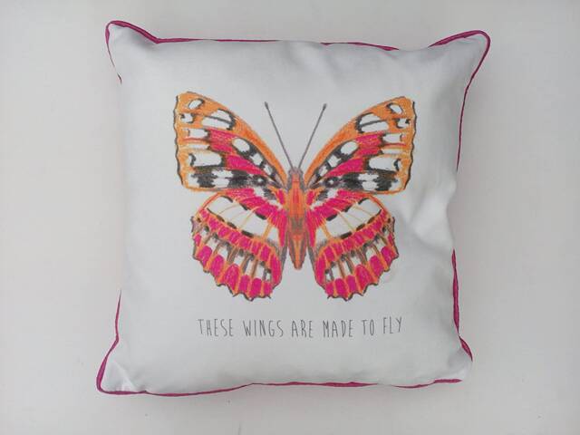"Linen Look Cream & Pink Cushion With ""These Wings Are Made To Fly"" Print Quality Piped Edge 17" - image 1