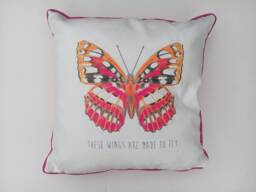 "Linen Look Cream & Pink Cushion With ""These Wings Are Made To Fly"" Print Quality Piped Edge 17" - thumbnail 1
