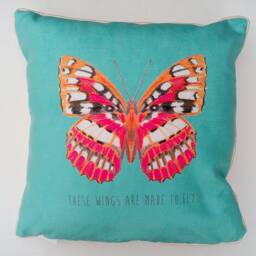 "Linen Look Cream & Pink Cushion With ""These Wings Are Made To Fly"" Print Quality Piped Edge 17" - thumbnail 2