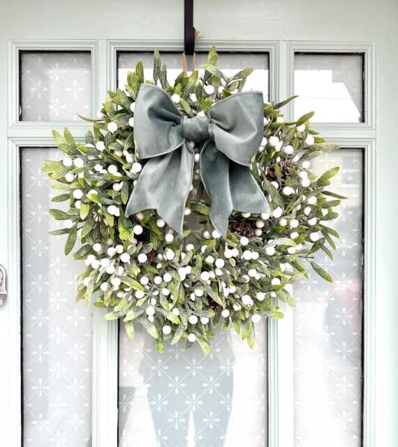 Mistletoe Christmas Wreath For Front Door Handmade Sage Green Velvet Bow