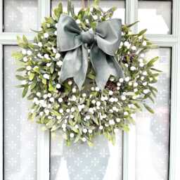 Mistletoe Christmas Wreath For Front Door Handmade Sage Green Velvet Bow - thumbnail 2