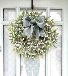 Mistletoe Christmas Wreath For Front Door Handmade Sage Green Velvet Bow - thumbnail 1