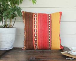 50cm Vintage Kilim Cushion Cover Handwoven - Rustic Faded Red Brpwn Yellow White - thumbnail 1