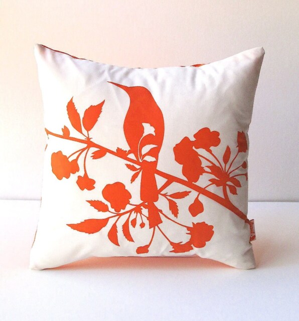 Orange Print On Off White Blooming Blossom-Mini 10.5 Inches Square Pillow - image 1