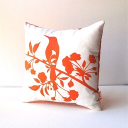 Orange Print On Off White Blooming Blossom-Mini 10.5 Inches Square Pillow - thumbnail 2