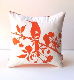 Orange Print On Off White Blooming Blossom-Mini 10.5 Inches Square Pillow - thumbnail 1