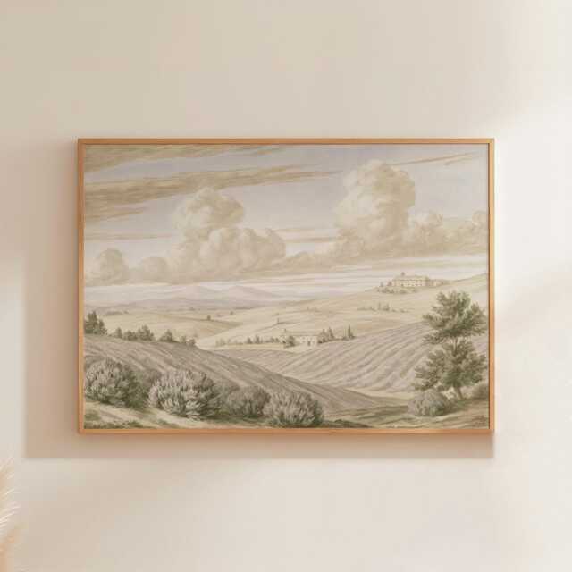 Beige Countryside Landscape Poster, Vintage Paper Wall Art - image 1