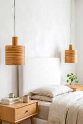 Wood Bedside Pendant Lights Set Of 2 - Mid Century Hanging Lamps, Wabi Sabi Ceiling Light - thumbnail 1