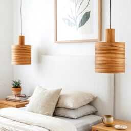 Wood Bedside Pendant Lights Set Of 2 - Mid Century Hanging Lamps, Wabi Sabi Ceiling Light - thumbnail 3