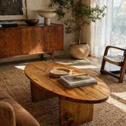Mid Century Oval Coffee Table, Solid Wood Handmade Rustic Modern Furniture, Low Living Room Custom Wooden Table - thumbnail 2