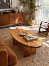 Mid Century Oval Coffee Table, Solid Wood Handmade Rustic Modern Furniture, Low Living Room Custom Wooden Table - thumbnail 1