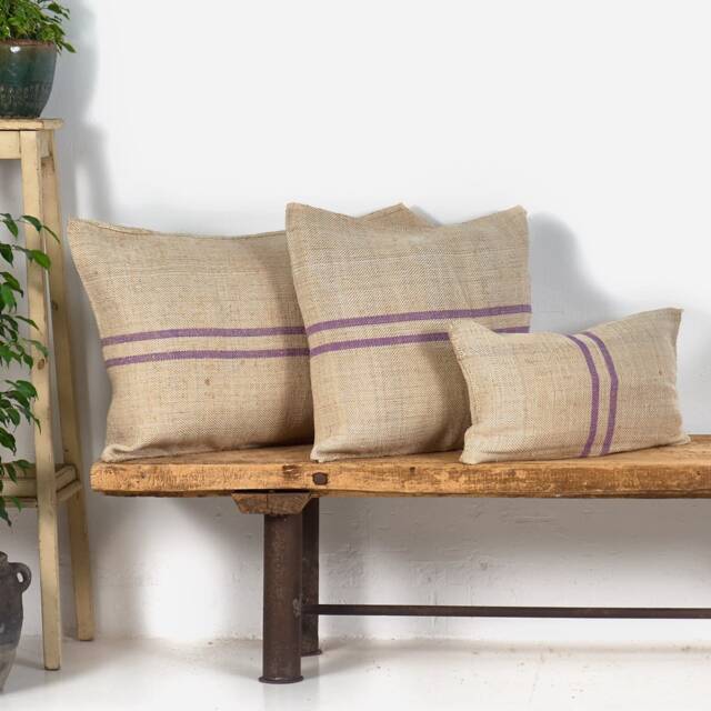 Antique Linen Cushion With Purple Stripes - image 1