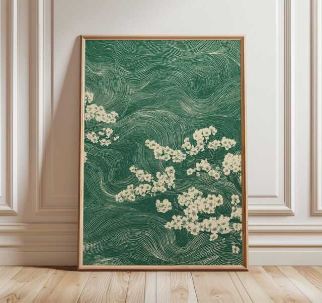 Green Japanese Cherry Blossom Print, Abstract Wind Swirl Sakura Wall Art, Ukiyo-E Botanical Decor - image 1
