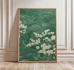 Green Japanese Cherry Blossom Print, Abstract Wind Swirl Sakura Wall Art, Ukiyo-E Botanical Decor - thumbnail 1