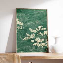 Green Japanese Cherry Blossom Print, Abstract Wind Swirl Sakura Wall Art, Ukiyo-E Botanical Decor - thumbnail 2
