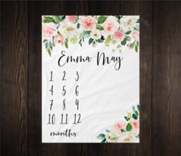 Girl Milestone Blanket Month Growth Tracker Minky Fleece Custom Personalized Baby Shower Gift Watercolor Floral Newborn - thumbnail 1
