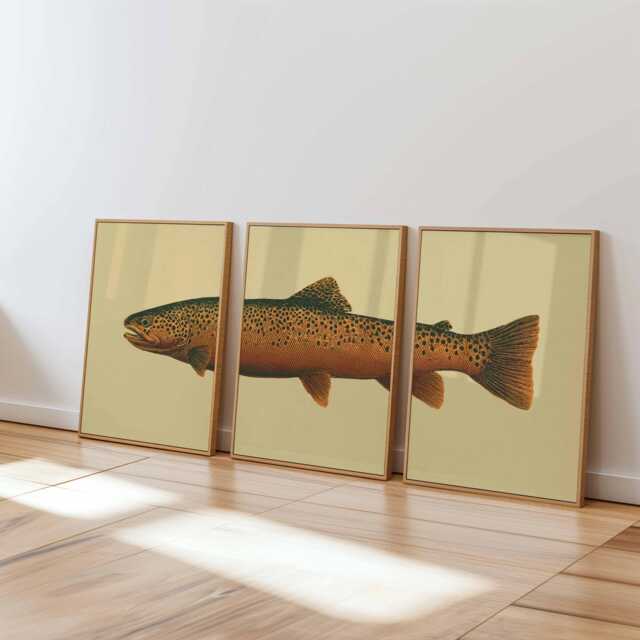 Vintage Trout Wall Art Set Of 3, Rustic Fishing Poster Prints, Antique Nature Illustration Decor, Coastal Cabin - image 1