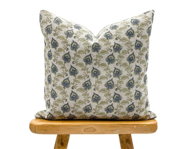 Designer Blue Green Floral Design On Natural Linen Pillow Cover, Green & Cover, Boho Pillow, Farmhouse Pillow - image 1
