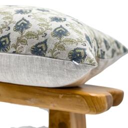 Designer Blue Green Floral Design On Natural Linen Pillow Cover, Green & Cover, Boho Pillow, Farmhouse Pillow - thumbnail 3