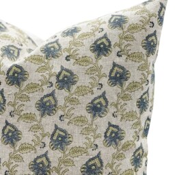 Designer Blue Green Floral Design On Natural Linen Pillow Cover, Green & Cover, Boho Pillow, Farmhouse Pillow - thumbnail 2