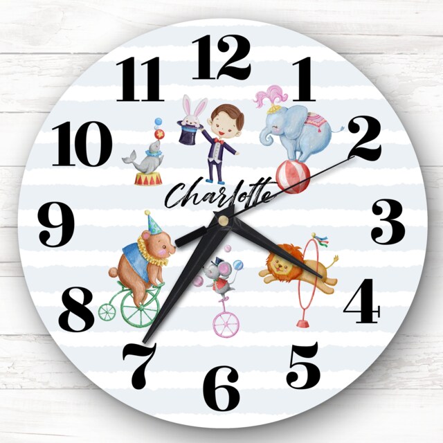 Watercolour Little Boys Room Circus Animals Custom Gift Personalised Clock - image 1